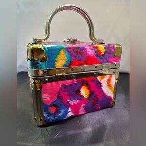 Vintage Delill 60’s Italian Train Case Hand Bag Floral Vinyl Gold Metal Hardware